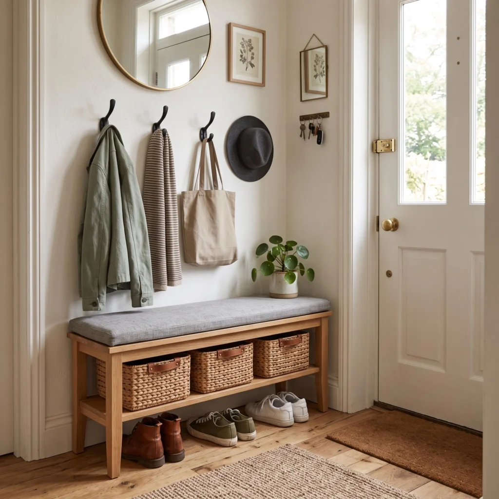 Small Mudroom Corner With Hooks and Baskets