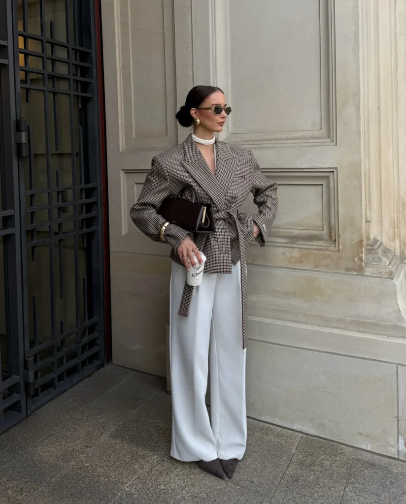 Checked Blazer With White Wide Leg Pants