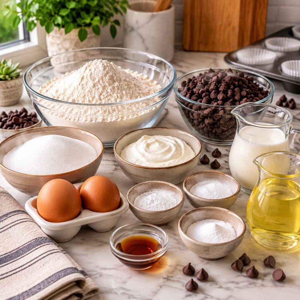 Ingredients for Moist Chocolate Chip Muffins
2 cups (250 g) all-purpose flour
1 cup (200 g) granulated sugar
2 teaspoons baking powder
½ teaspoon baking soda
½ teaspoon salt
2 large eggs
1 cup (240 g) sour cream
½ cup (120 ml) vegetable oil
½ cup (120 ml) milk
2 teaspoons vanilla extract
1½ cups (255 g) chocolate chips
Extra chocolate chips for topping (optional)