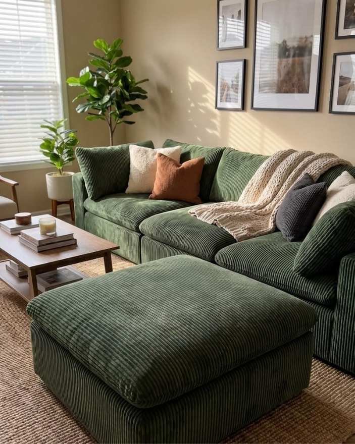 Green Corduroy Sectional With Cozy Ottoman