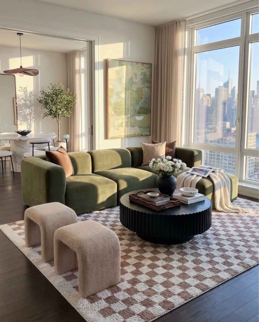 Olive Green Velvet Sectional With City ViewsÂ