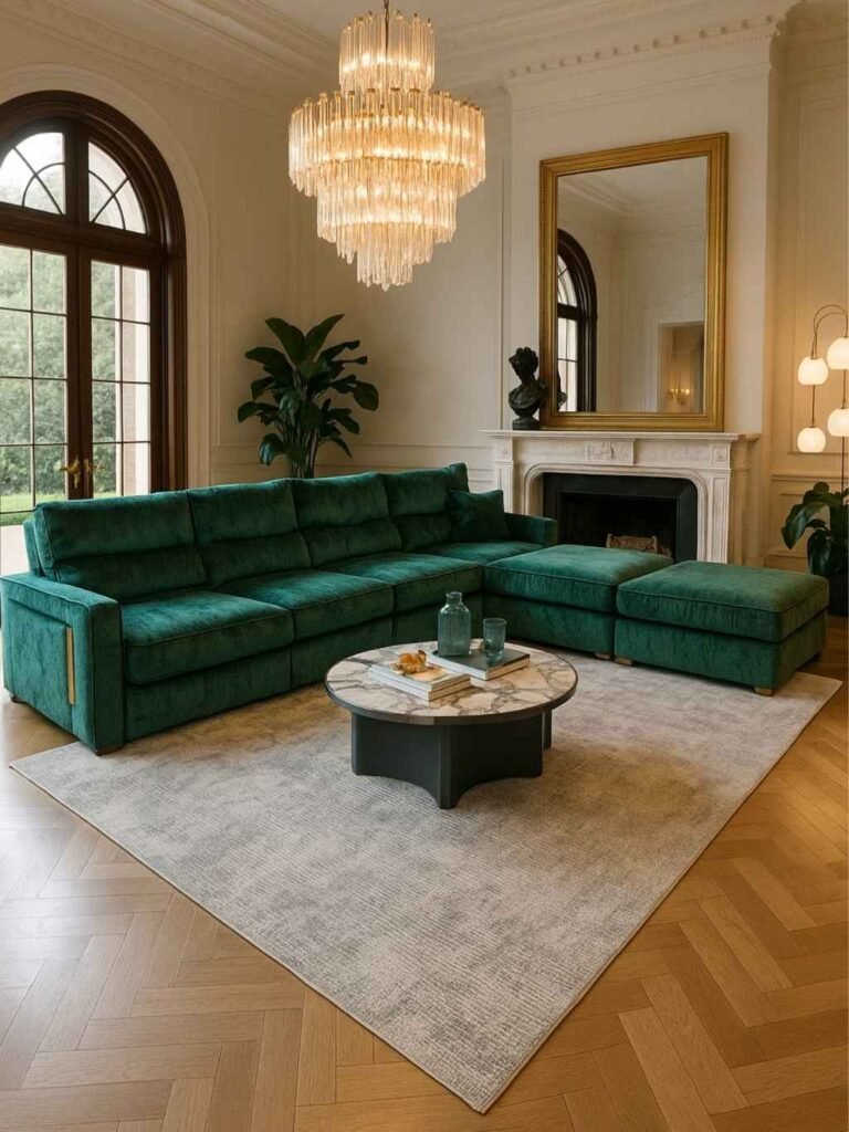 Emerald Velvet Sectional With Crystal Chandelier