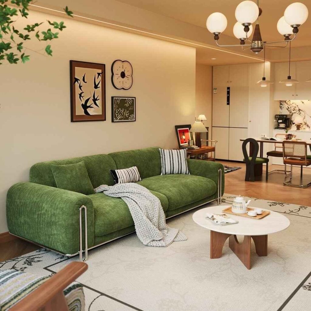 Grass Green Corduroy Sofa With Chrome Frame