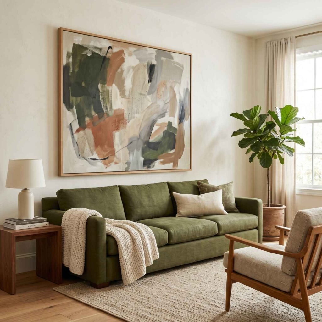 Olive Sofa With Oversized Abstract Art