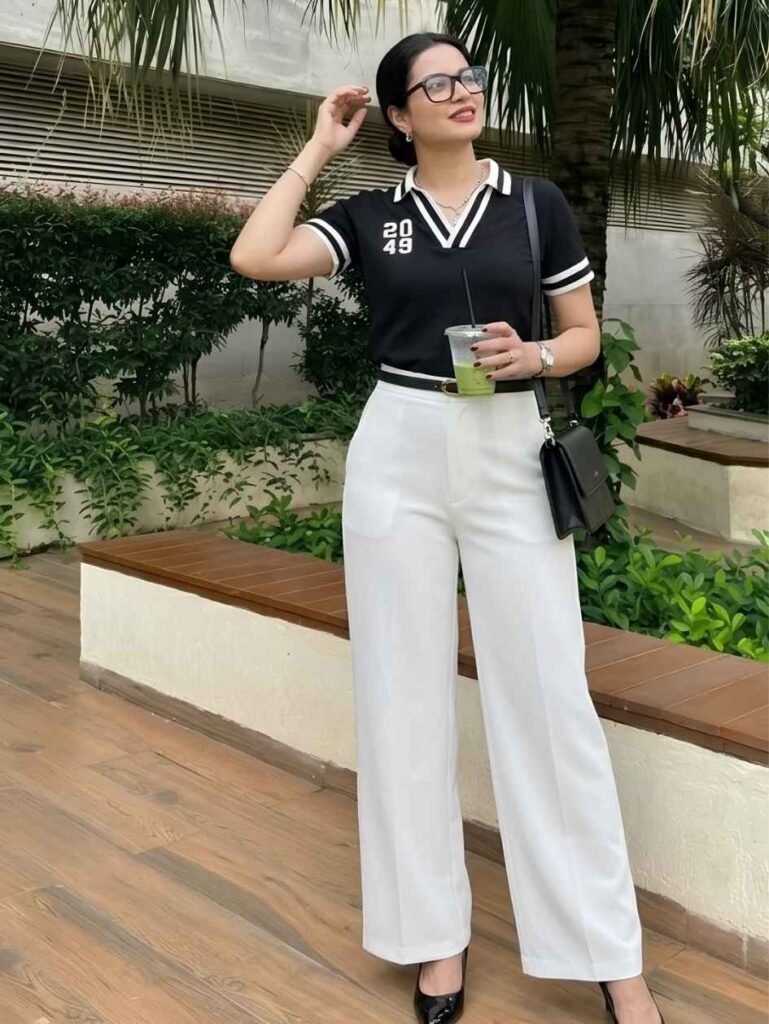 Black Polo Shirt With Wide-Leg White Trousers
