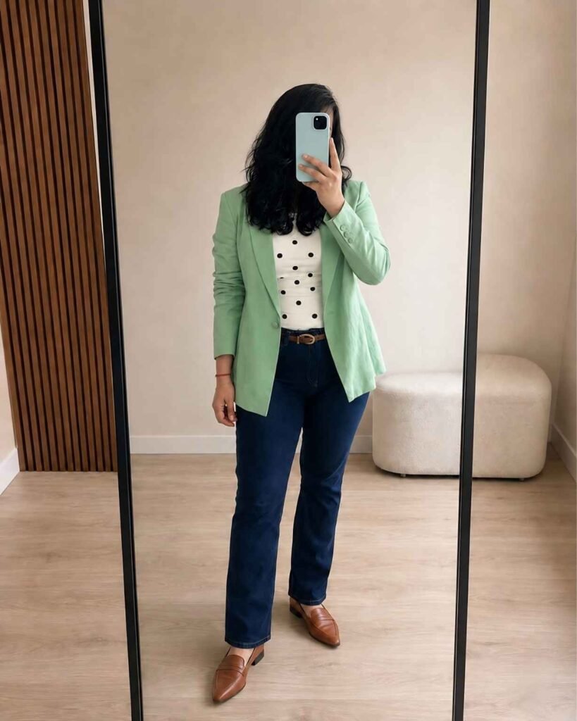 Mint Blazer With White Top and Jeans 