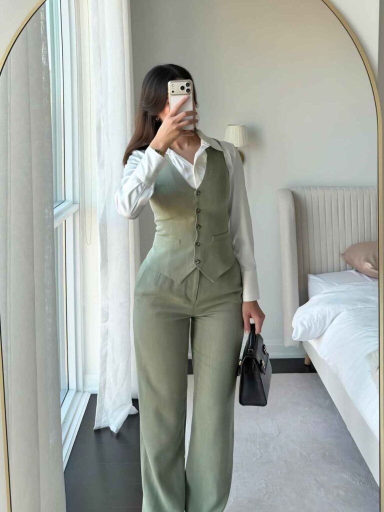 Olive Green Vest With White Shirt and Trousers
