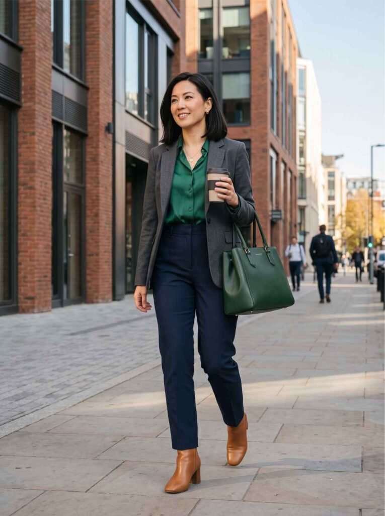Green Accents in an Otherwise Neutral Outfit