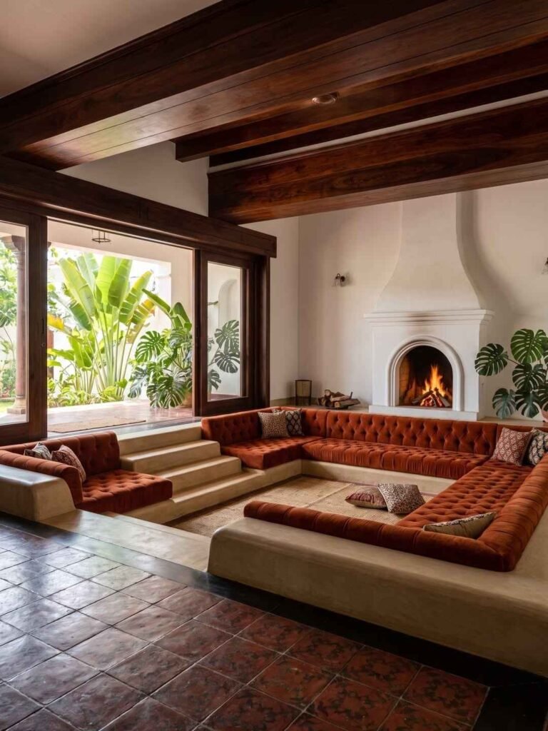 Sunken Living Room With Wraparound Sofa Seating 