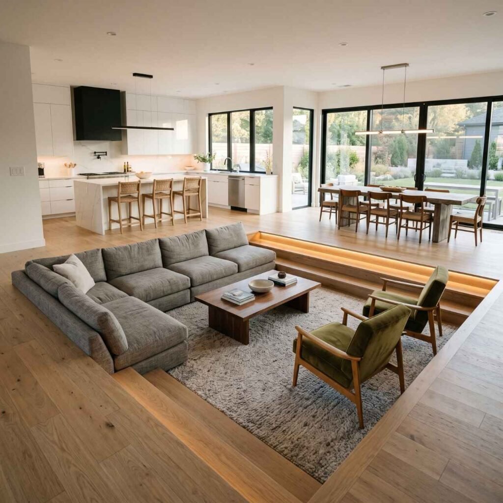 Sunken Living Room With Open Concept Layout