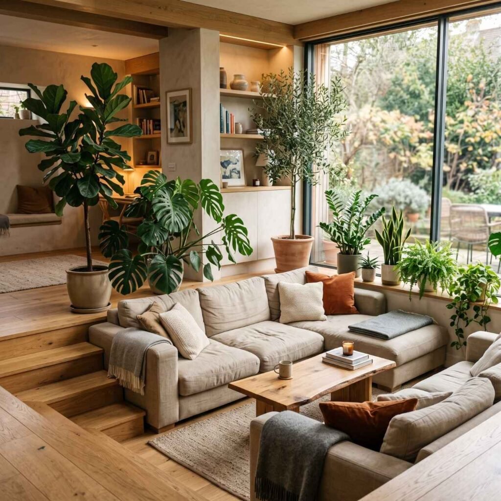Sunken Living Room With Indoor Plants