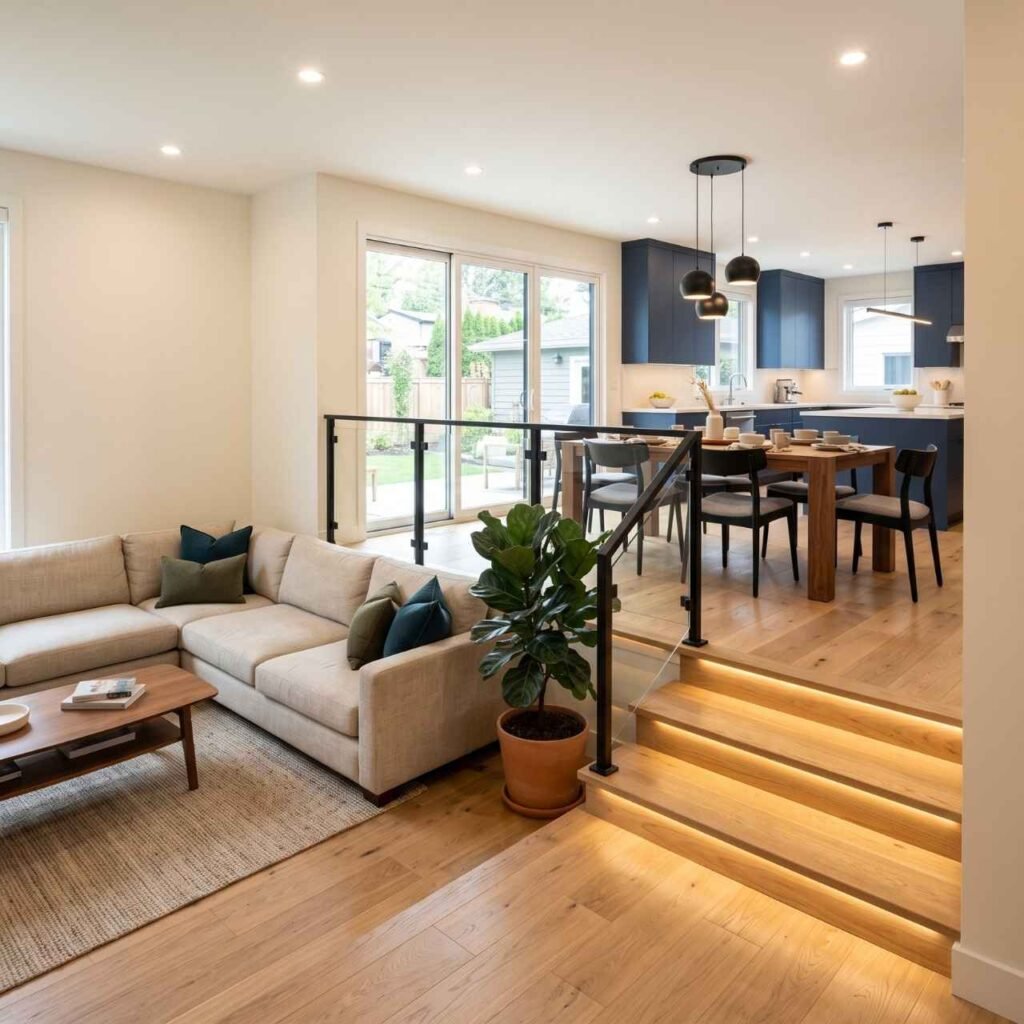 Sunken Living Room With a Raised Dining Area