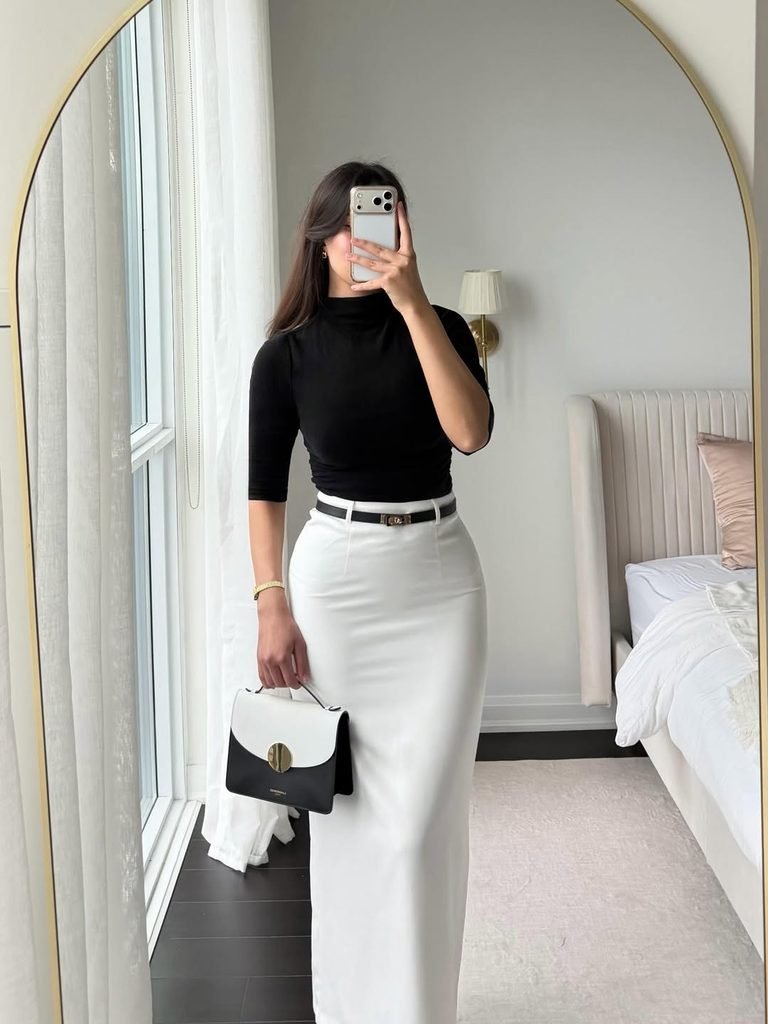 Black Turtleneck With White Skirt