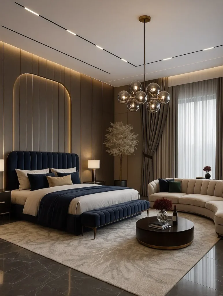 Beige upholstered bed in front of a slatted wall with a round glowing light