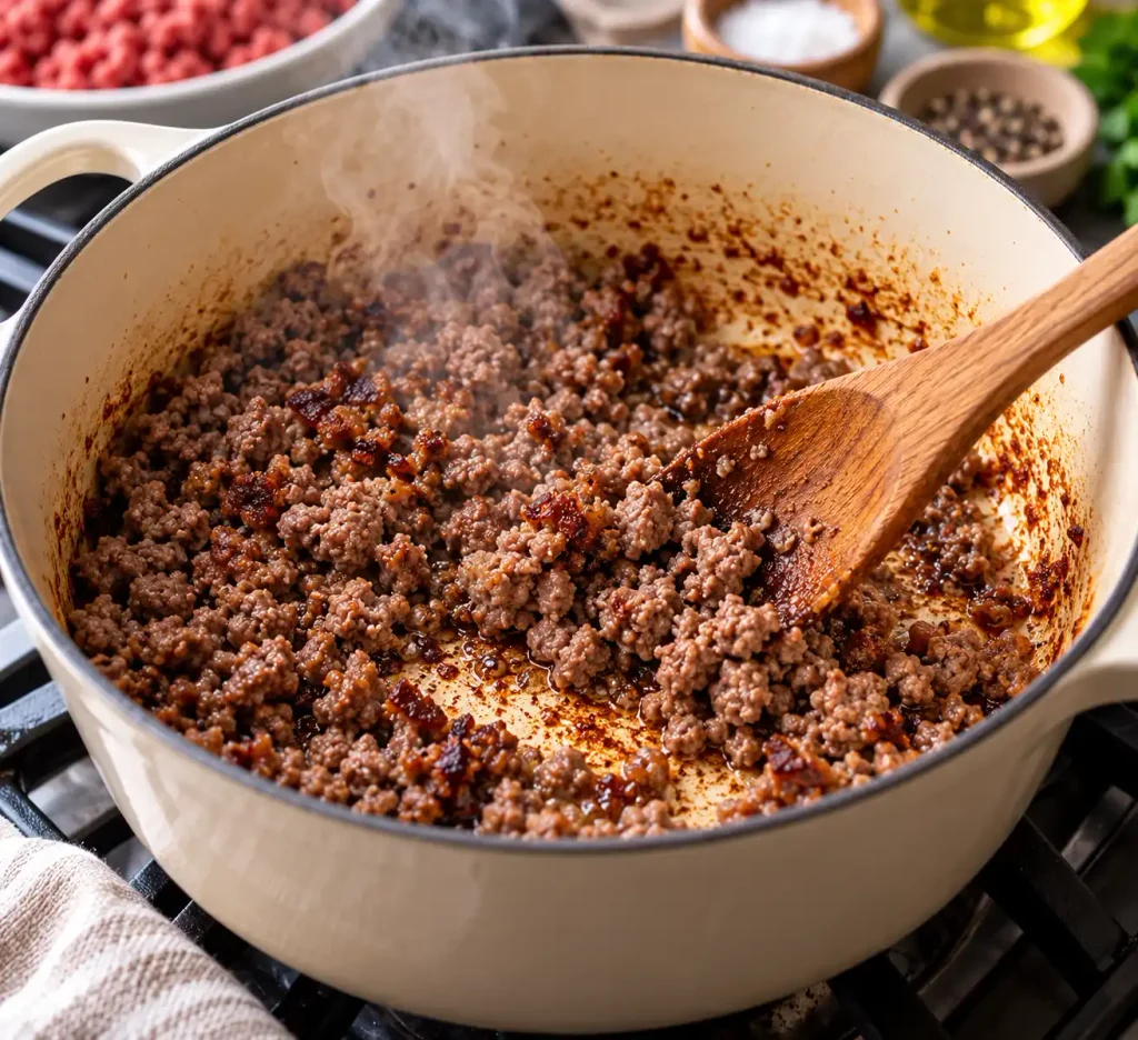 Add the ground beef and cook for 6 to 8 minutes, breaking it into small pieces.