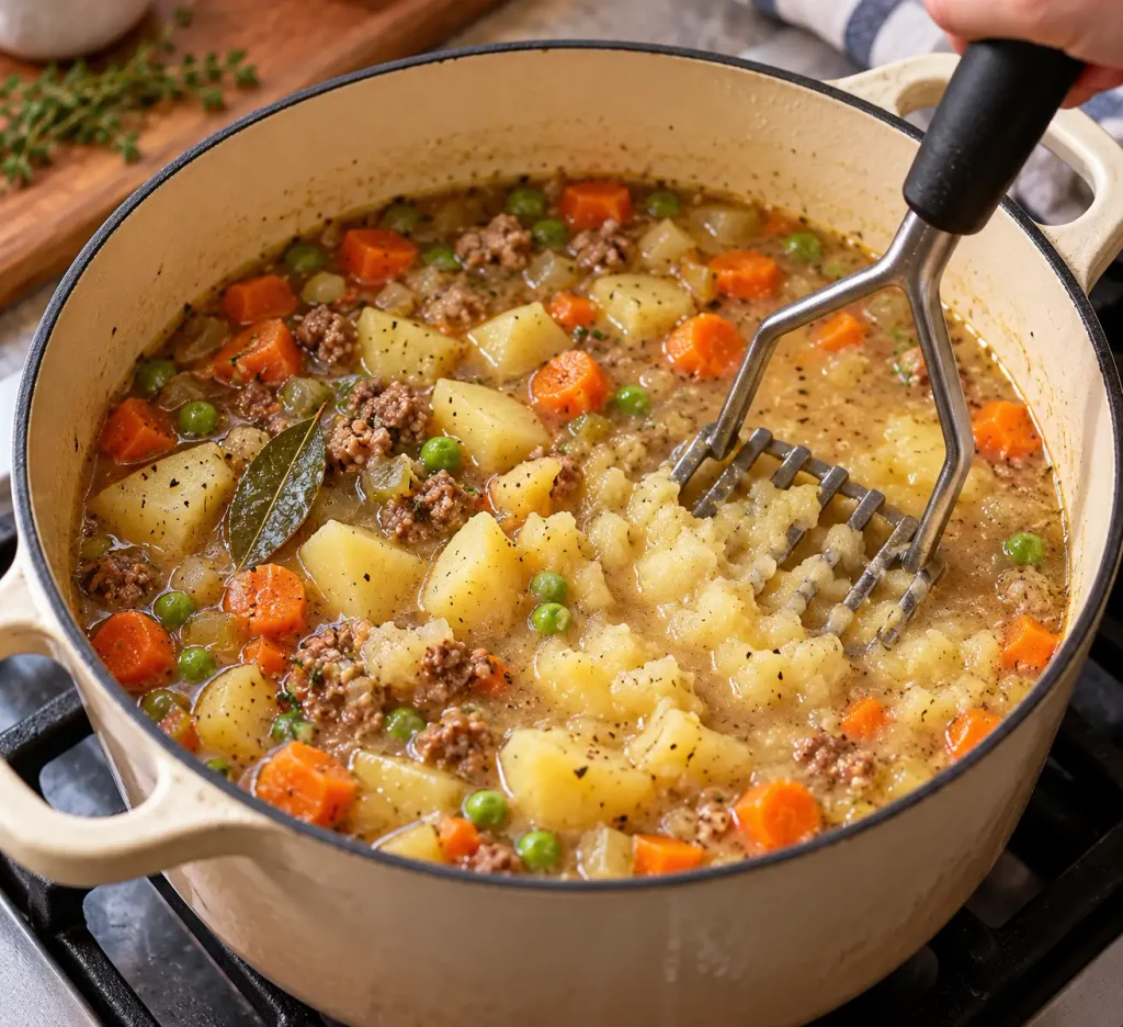 Using a potato masher, mash roughly a third of the potatoes directly in the pot.