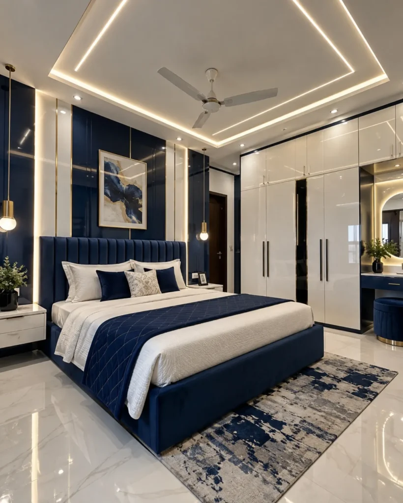 Navy upholstered bed beside white gloss wardrobes and an arched mirror dresser