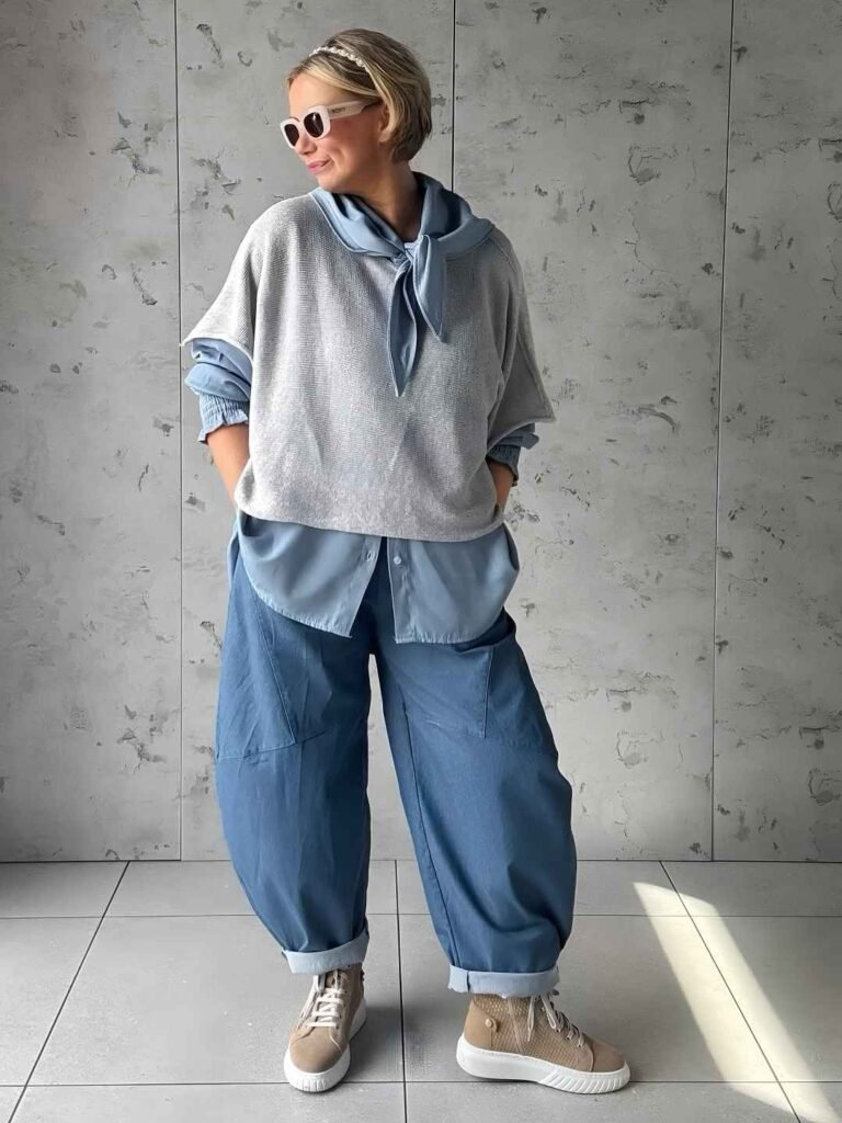 Woman wearing a loose gray knit top over a light blue shirt, oversized barrel-leg jeans, a blue neck scarf, beige high-top sneakers, and white sunglasses.