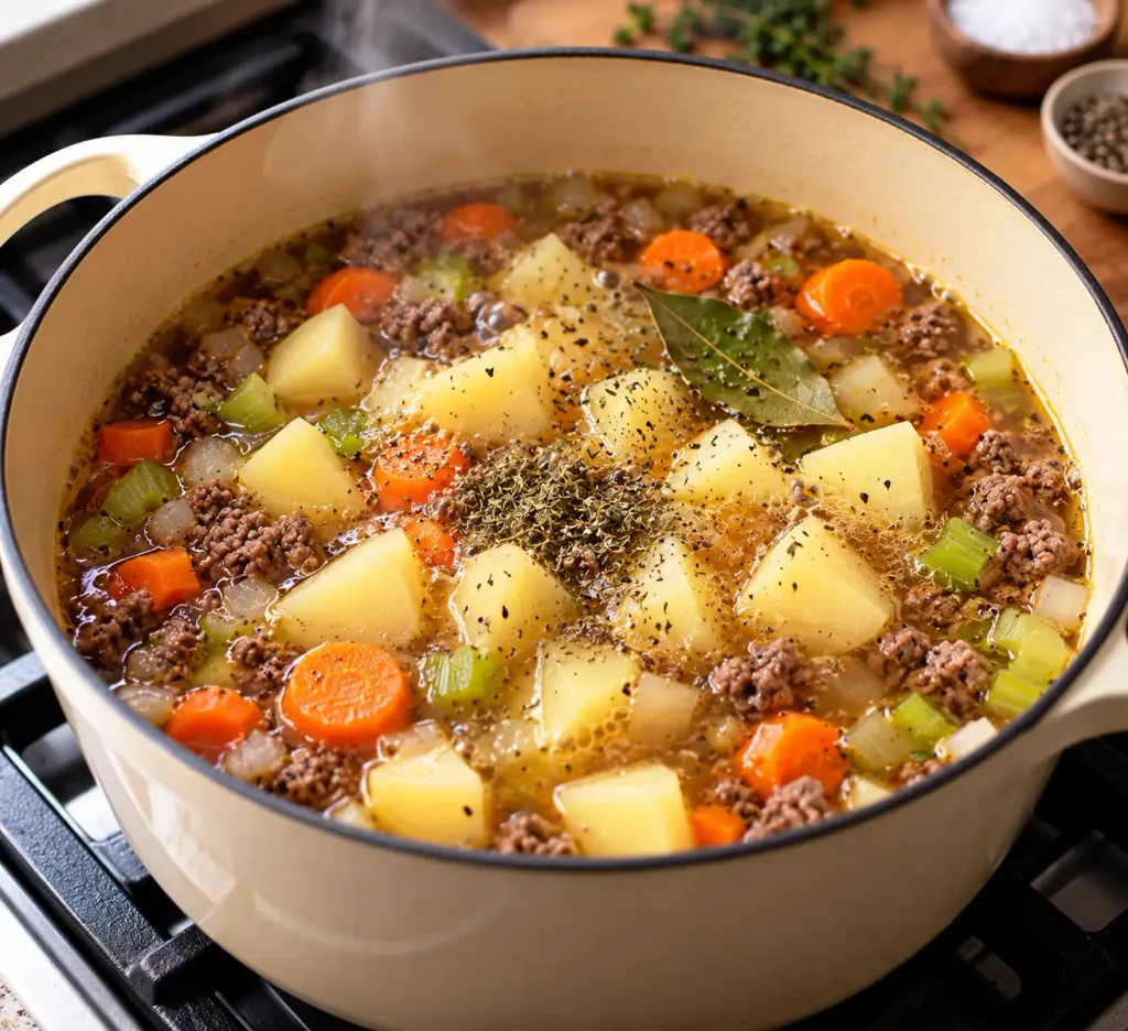 Add the potatoes, beef broth, salt, pepper, thyme, and bay leaf.
