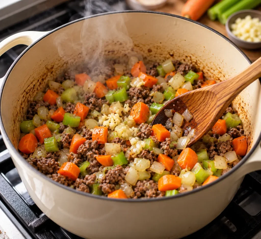 Cook for 5 to 7 minutes, stirring and scraping the bottom as the vegetables release their moisture.