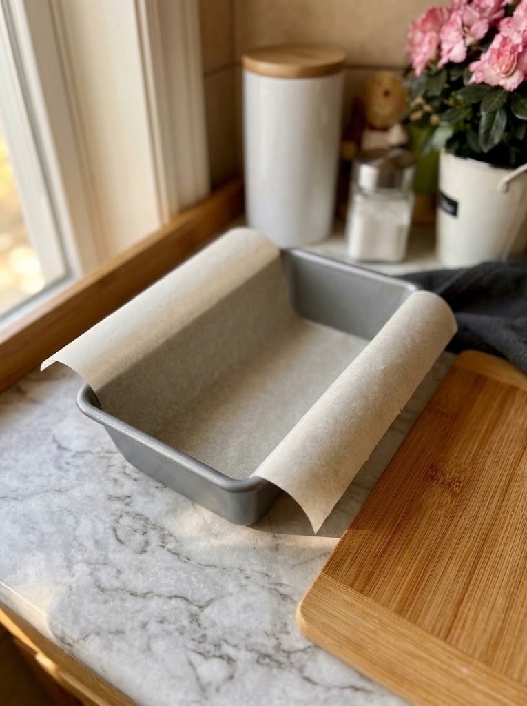 Grease a 9 × 5-inch loaf pan and line it with parchment paper, leaving some paper hanging over the long sides.