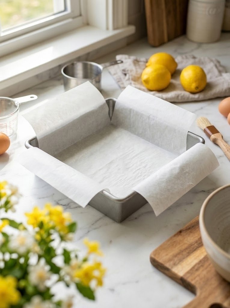 Line an 8 × 8-inch square baking pan with parchment paper, leaving some paper hanging over the sides so the finished cake can be lifted out easily. Lightly grease the parchment.
