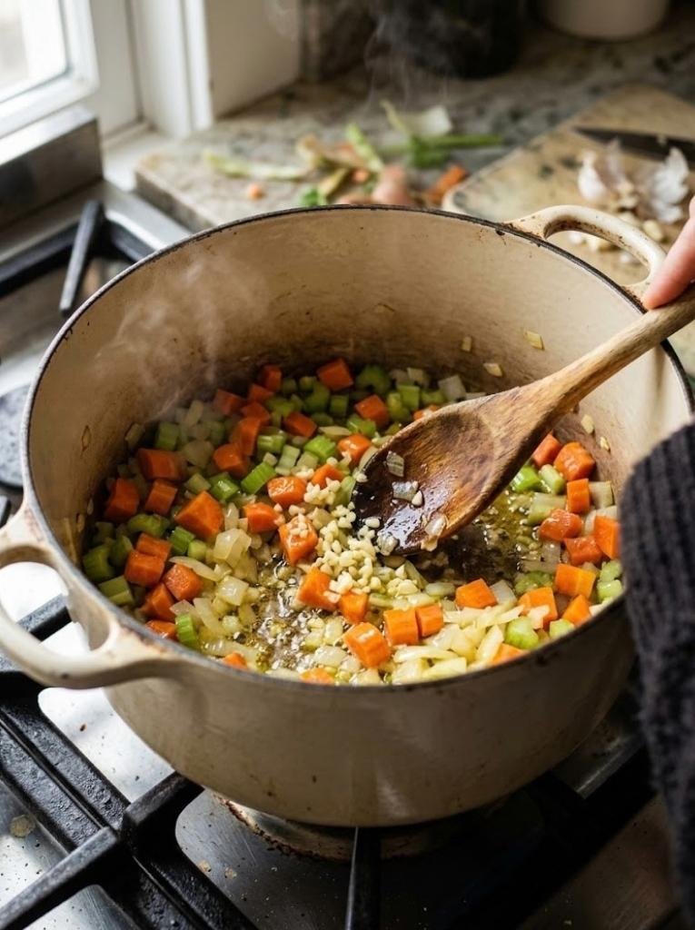 Add the diced onion, carrots, and celery. Cook for 5 to 7 minutes, stirring occasionally, until the vegetables begin to soften.