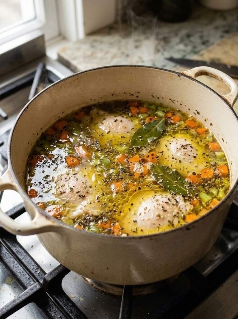 Pour in the chicken broth and add the chicken thighs, bay leaves, Italian seasoning, salt, and black pepper.