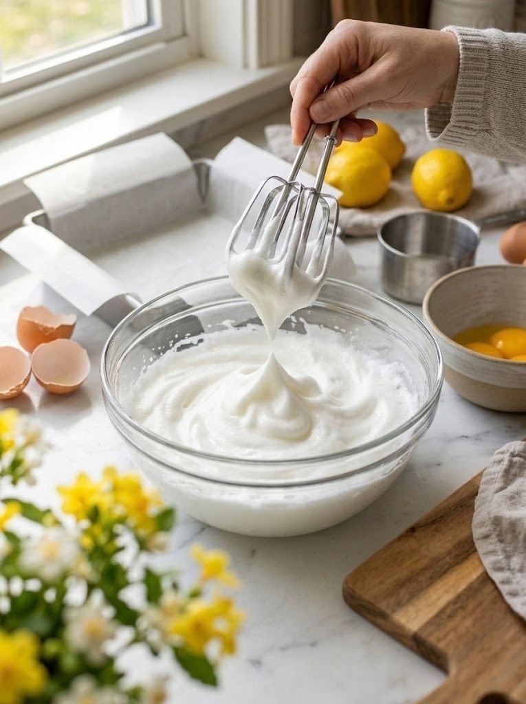 Beat them with a hand mixer or stand mixer until they reach stiff peaks. When you lift the beaters, the peaks should stand upright rather than falling over.