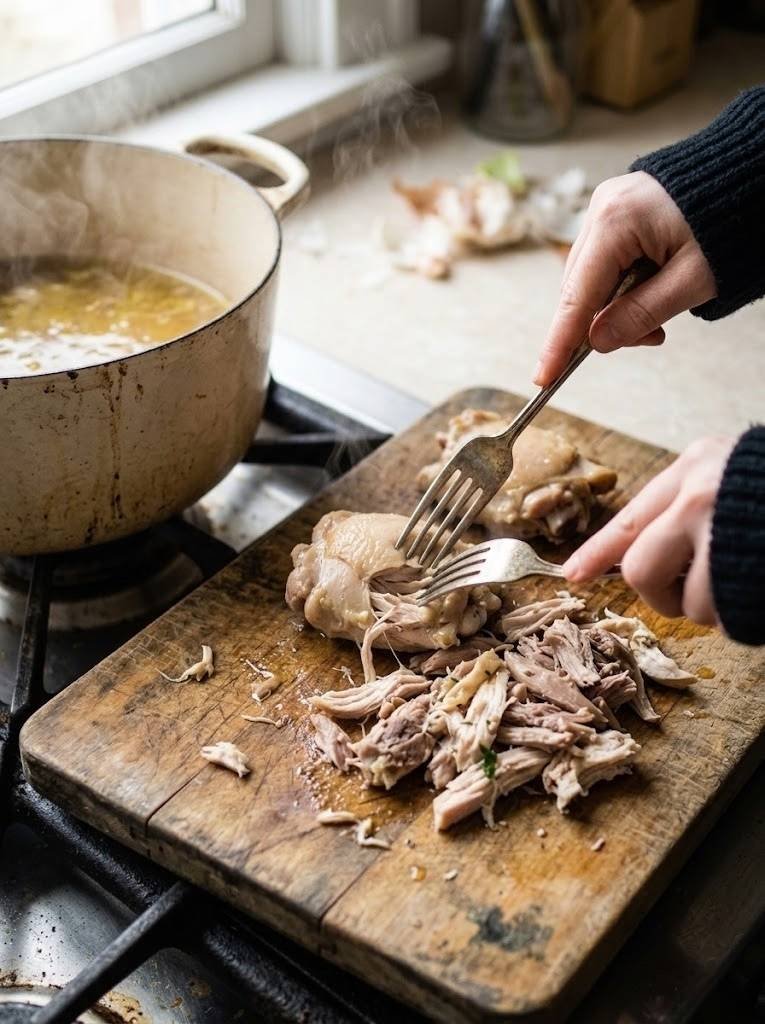 Carefully remove the cooked chicken from the pot and place it on a cutting board.