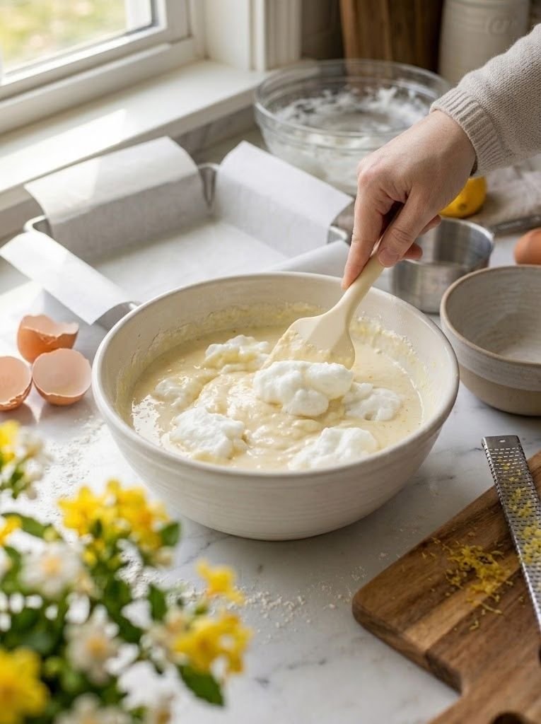 Gradually pour the lukewarm milk into the lemon mixture while whisking continuously.