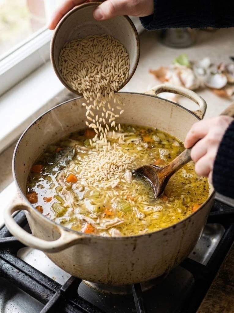 Stir in the orzo and cook according to the package directions, usually about 8 to 10 minutes, stirring occasionally.