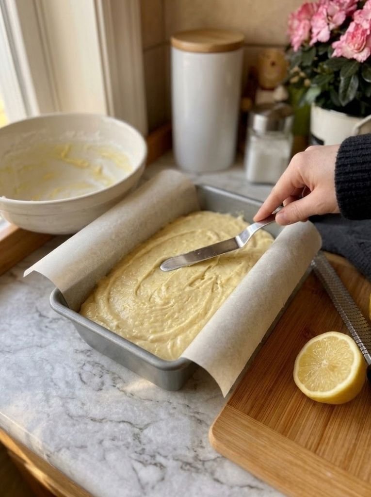 Pour the batter into the prepared loaf pan and smooth the top.