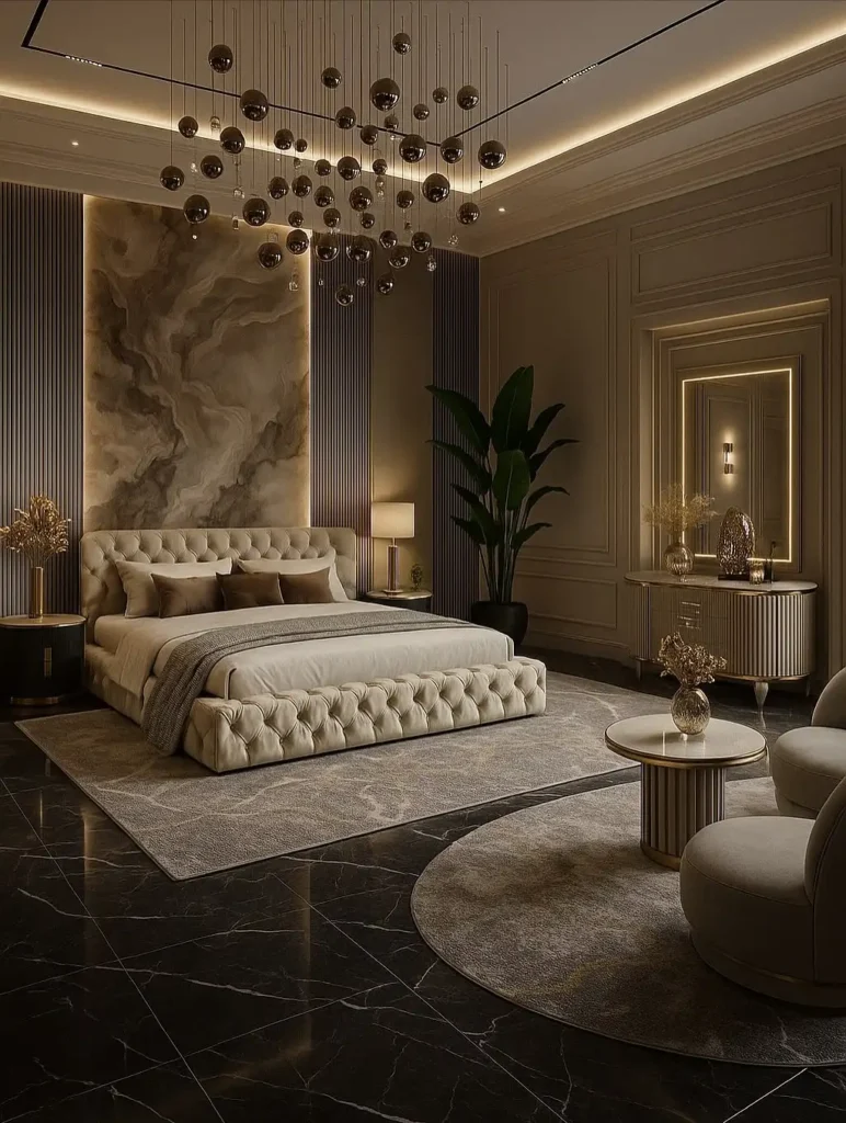 Cream tufted bed with bronze sphere pendants, marble feature wall and black marble flooring