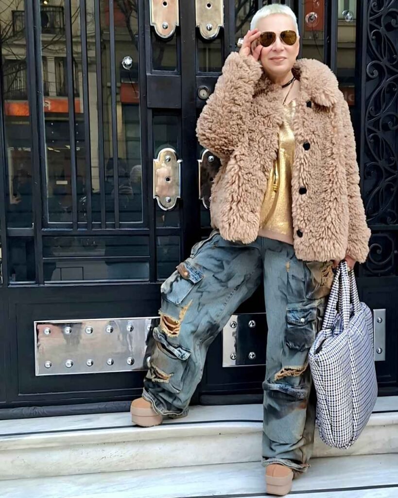Woman wearing a beige teddy coat, metallic gold top, oversized distressed cargo jeans, beige platform shoes, and carrying a black-and-white patterned tote bag.