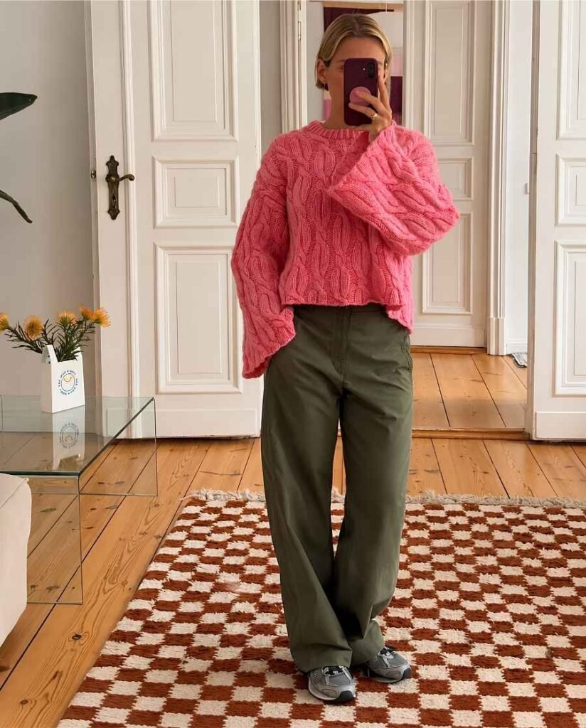 Woman wearing a bright pink oversized cable-knit sweater, olive green wide-leg trousers, and gray sneakers in a casual mirror selfie.
