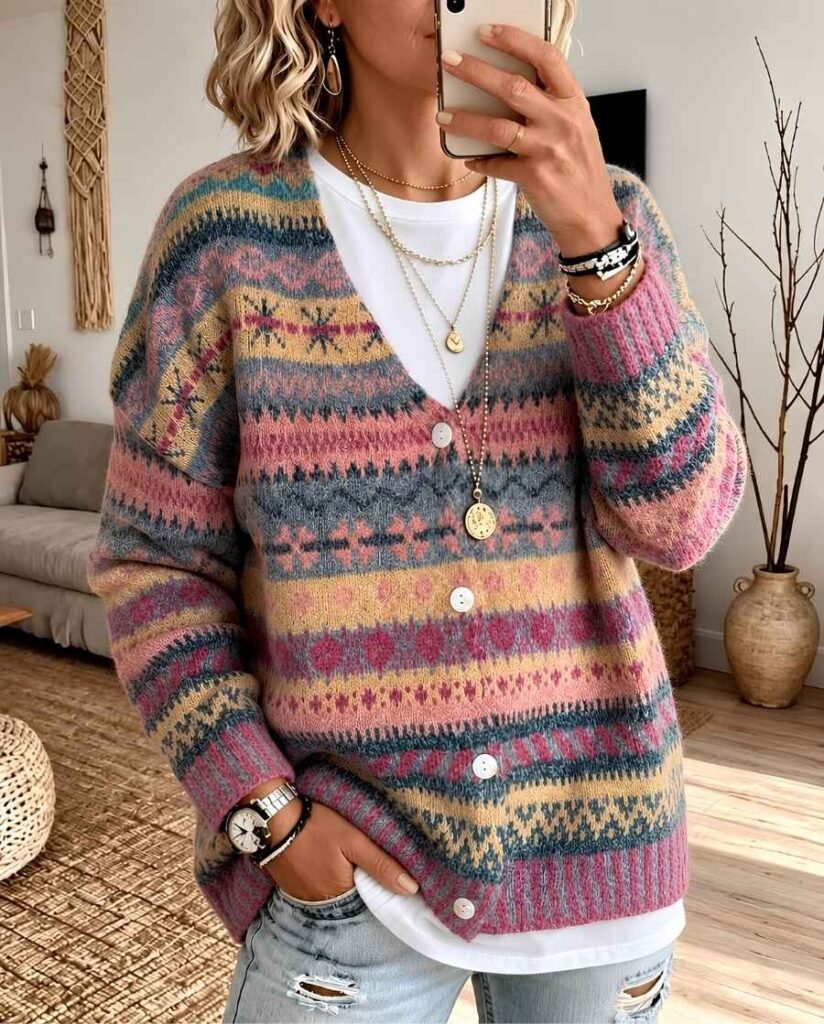 Woman wearing a multicolored pastel Fair Isle cardigan over a white T-shirt, light-wash ripped jeans, layered necklaces, and bracelets.