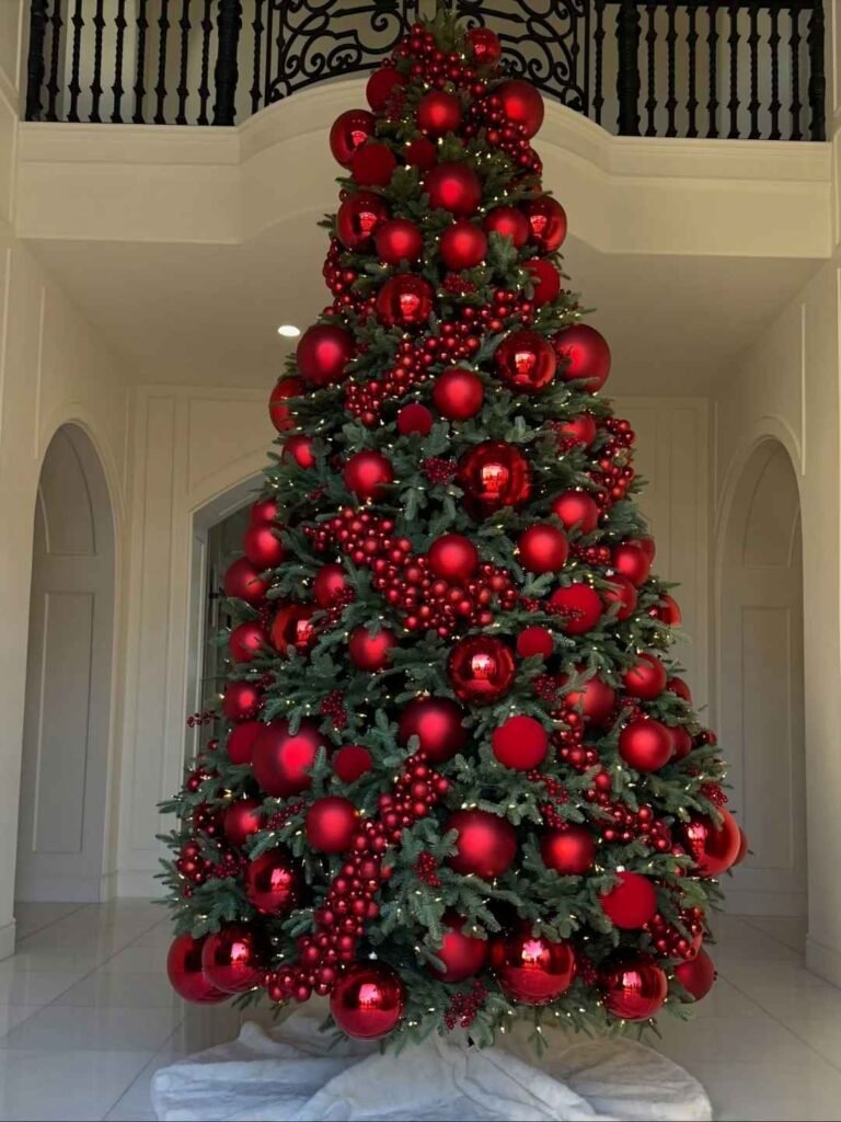 Tall Christmas tree decorated with oversized glossy and matte red baubles, cascading red berry garlands, warm white lights, and a white tree skirt.