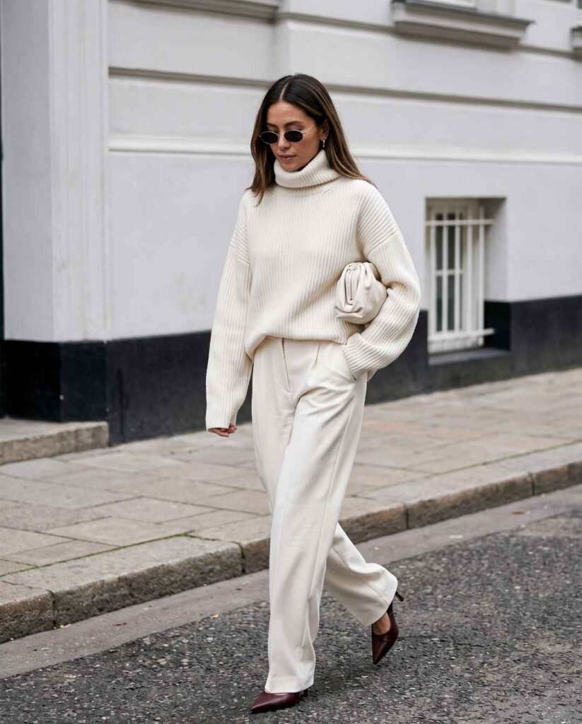 Woman wearing an oversized cream ribbed turtleneck sweater, matching wide-leg trousers, burgundy pointed heels, black sunglasses, and an ivory clutch while walking along a city street.