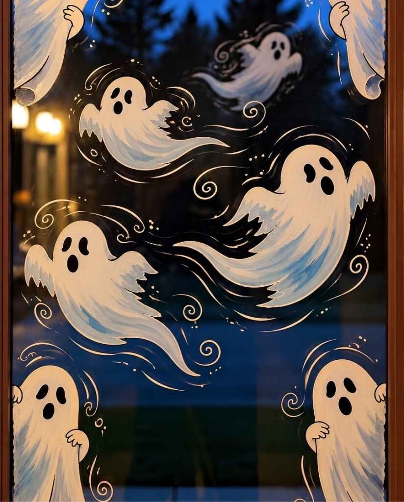 Halloween window painting featuring eight playful white ghosts with black facial expressions, surrounded by delicate swirling lines on a tall glass window.