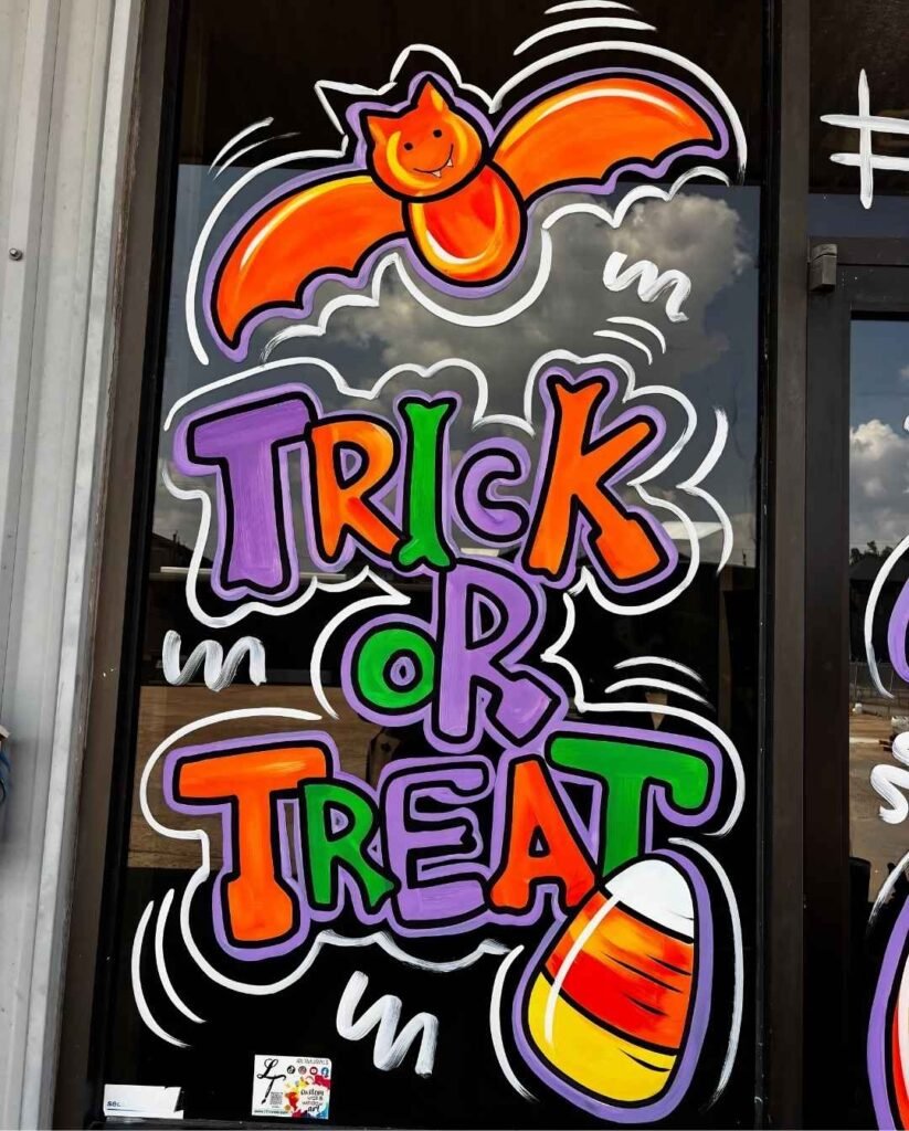 Colourful Trick or Treat Halloween window painting with bold purple, orange, and green lettering, a smiling orange bat, striped candy corn, and white swirls.