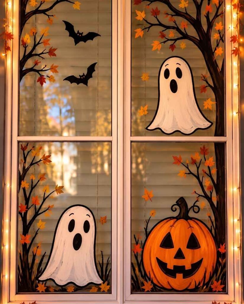 Halloween window painting featuring two white ghosts, flying black bats, a smiling orange pumpkin, and autumn trees with colourful leaves, framed by warm glowing string lights