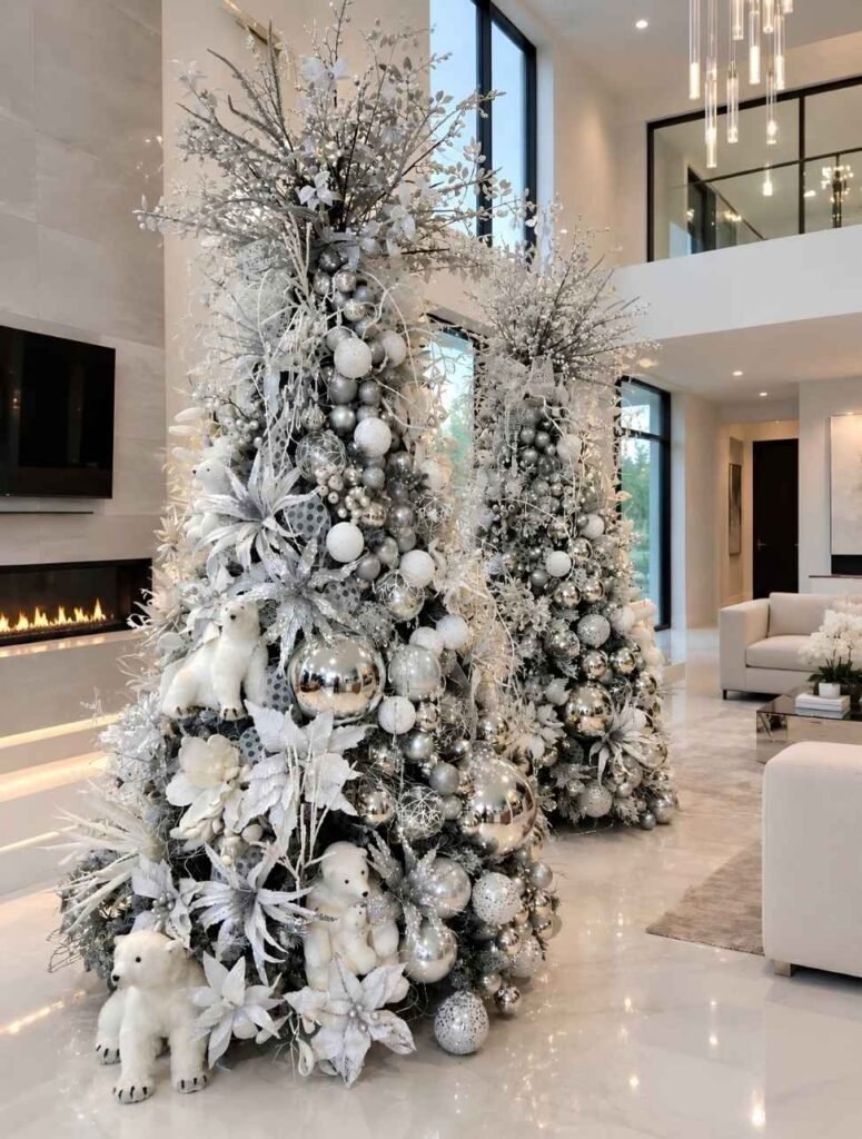 Two elegant silver and white Christmas trees featuring metallic ornaments, frosted branches, white flowers, and polar bear decorations in a modern living room.
