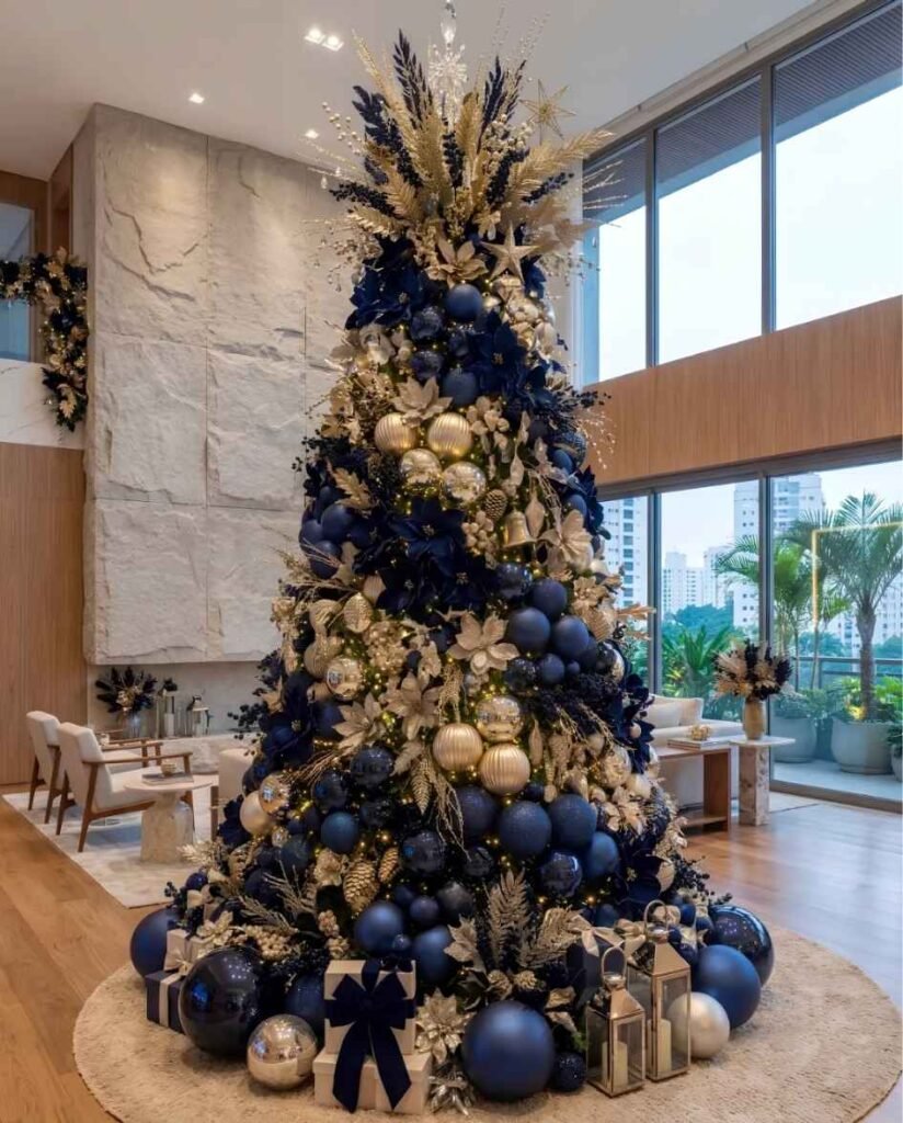 Tall navy blue and champagne gold Christmas tree with metallic baubles, floral decorations, gold branches, wrapped gifts, and lanterns in a modern living room.