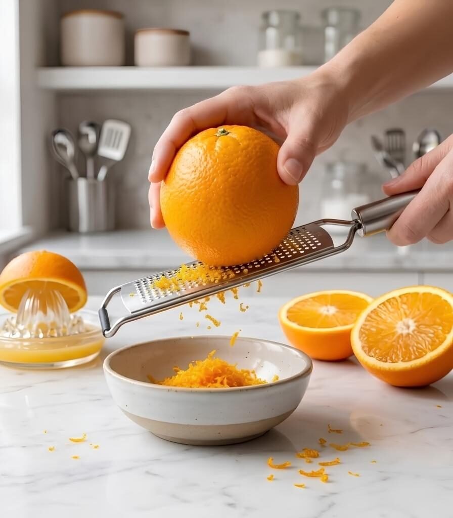 Zest First, Then Juice. Wash the oranges and zest them before cutting, since zesting a halved orange is awkward.