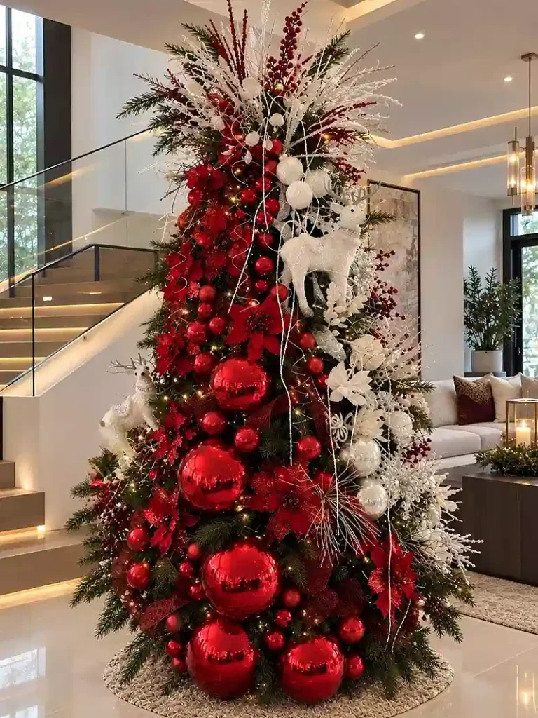 Tall red and white Christmas tree decorated with oversized glossy red baubles, white floral sprays, berry stems, reindeer ornaments, and warm lights in a modern living room.