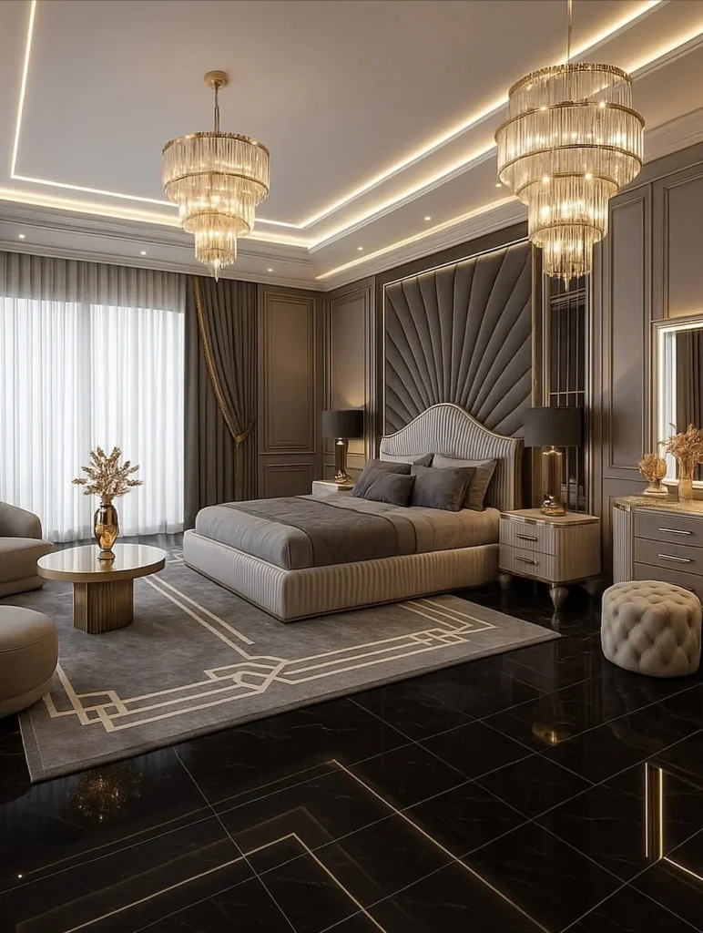 Sunburst headboard wall, ivory bed and crystal chandeliers in a black marble bedroom