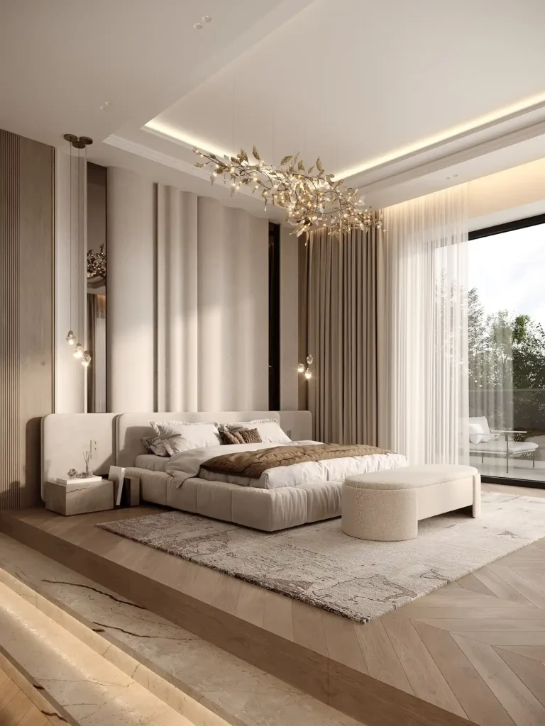 Herringbone oak platform with a low cream bed, leaf-style chandelier and sheer curtains beside a balcony door